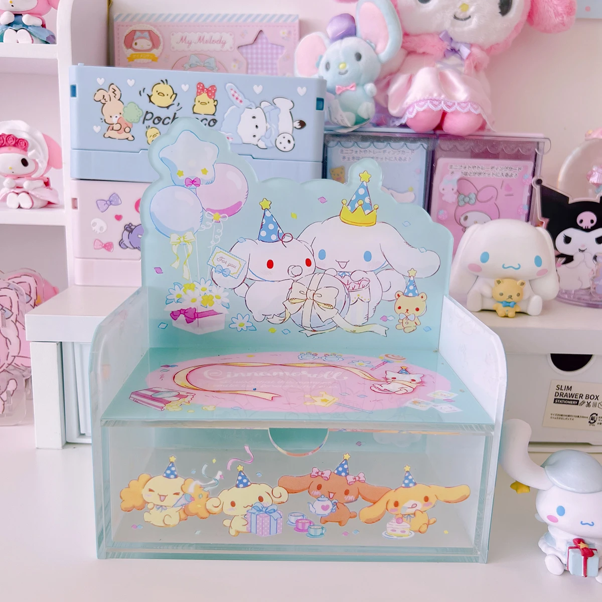 

Kawaii Cinnamoroll Cartoon Acrylic Desktop Drawer Storage Box Anime Sanrio Girl Heart Cute Multifunction Dolls Display Stand