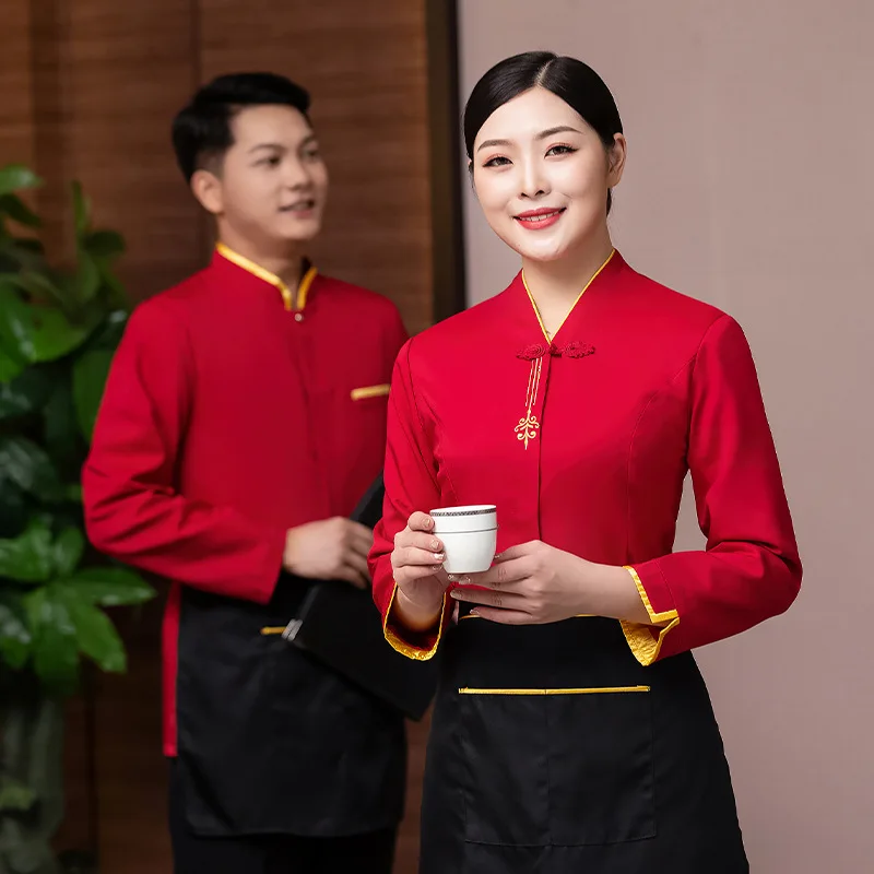 Garçom de jantar feminino, gerente do lobby, panela quente do restaurante chinês, roupa de trabalho da casa de chá, manga comprida