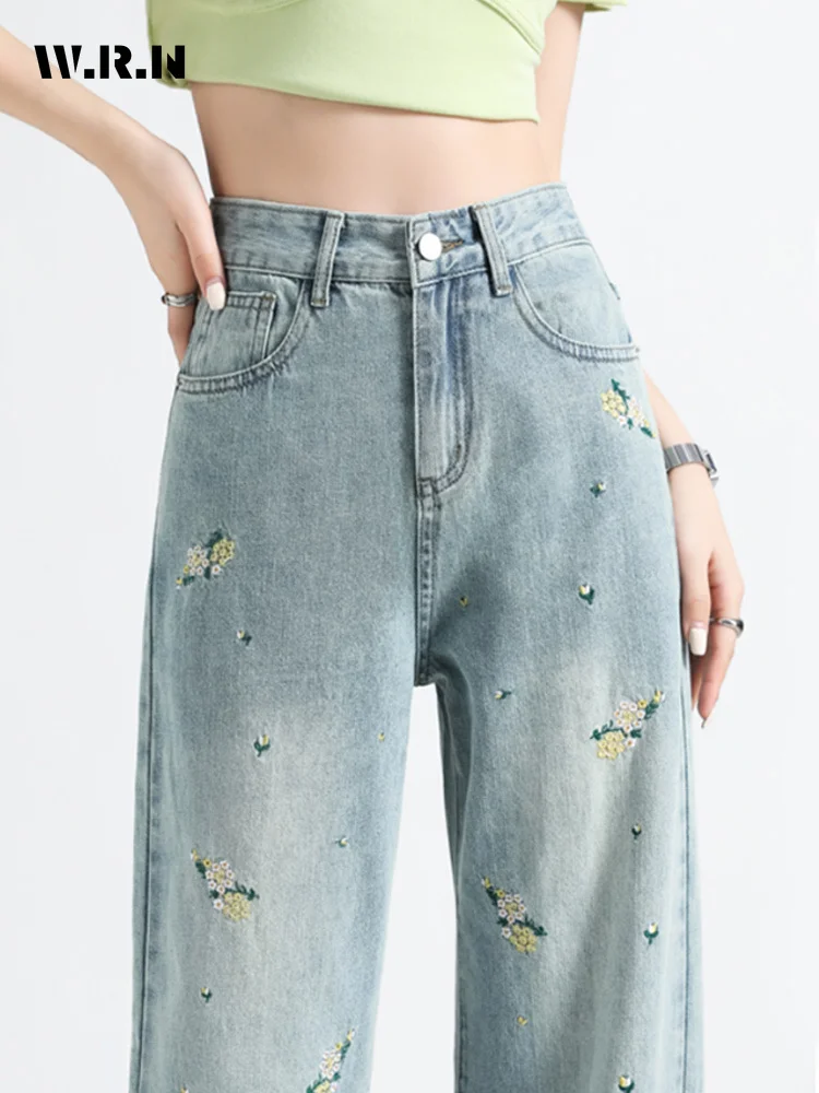 

Women's Elegant Vintage High Waist Straight Jeans High Street Baggy Blue Pants Fashion Floral PrintWide Leg Y2K Denim Trouser