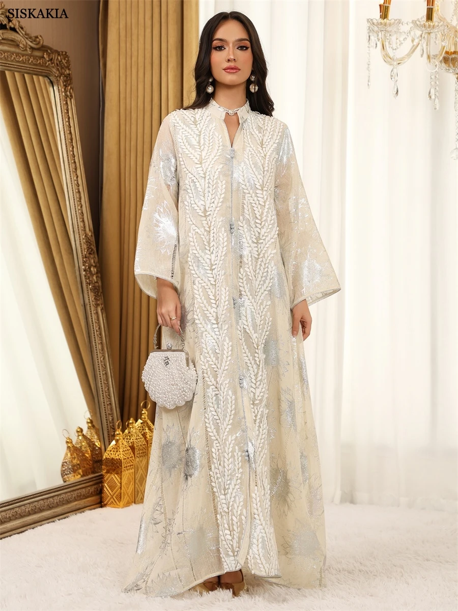 Siskakia Moroccan Kaftan Dress Elegant Gold Stamping Mesh Sleeve Abaya Modest Dresses For Women Evening