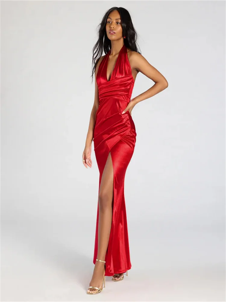 Customized Chic Pleated Satin Formal Dance Party Dress Halter Neck Strap V-neck Skirt Pleated High Slit Backless Party Dress