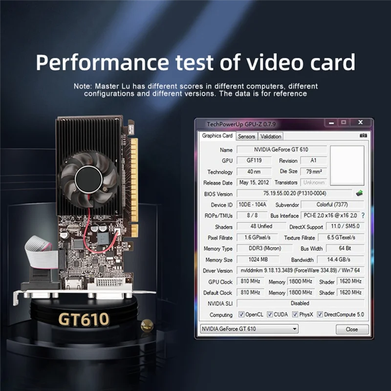 GT610 1GB DDR3 그래픽 카드, VGA, HD, DVI 비디오 카드, 810 MHz, 1800 MHz, 64 비트, 40 Nm