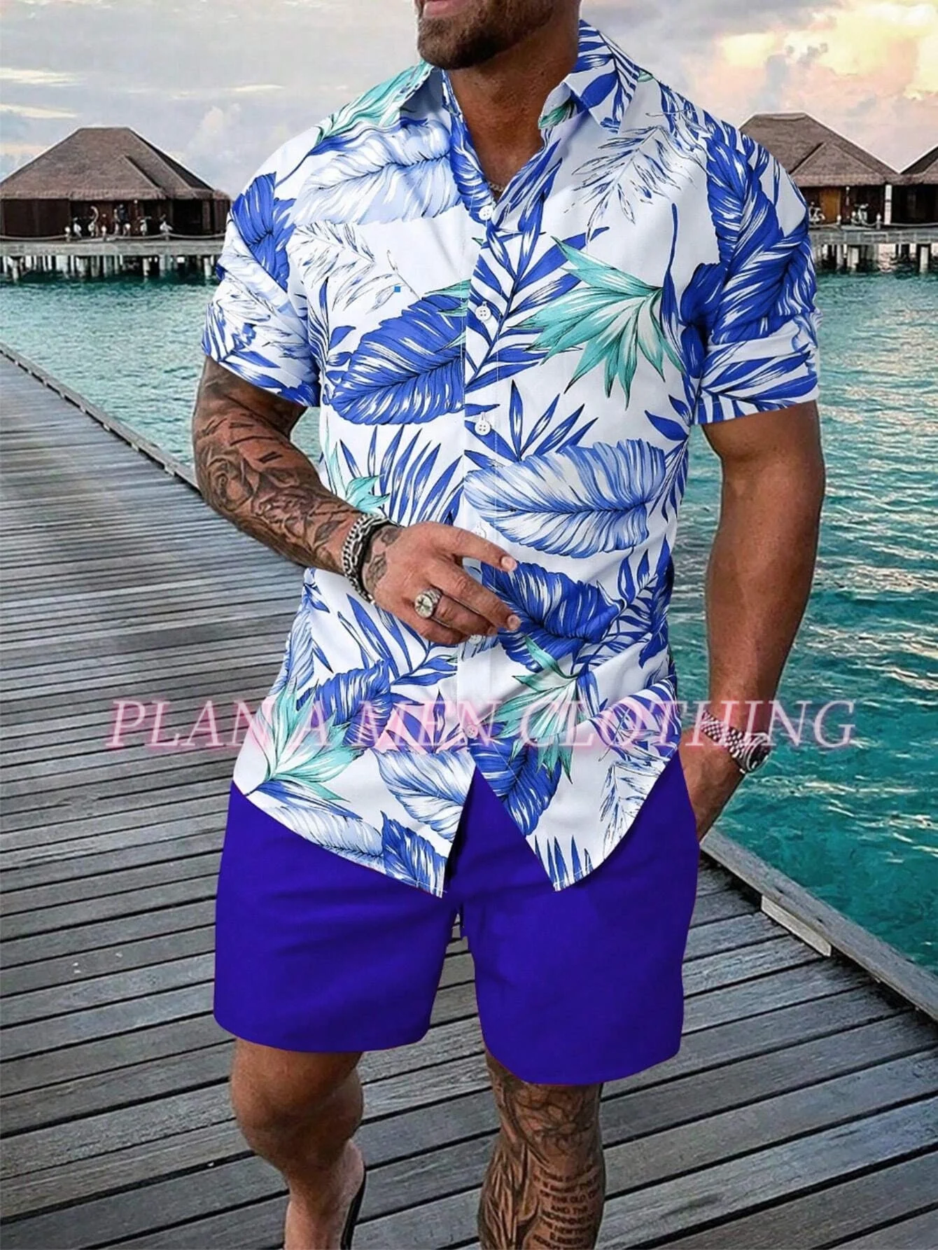 Vacation Casual Short-sleeved Shirt  Shorts Set Summer Men's Hawaii Shirt Set Palm Print Hawaiian Style Shirt Beach Pants Set