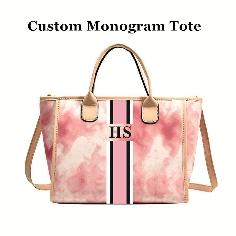 

Customize monogram Medium Pink Tropical Stripe PU Leather canvas handbag travel bags totes shopping shoulder jute beach tote