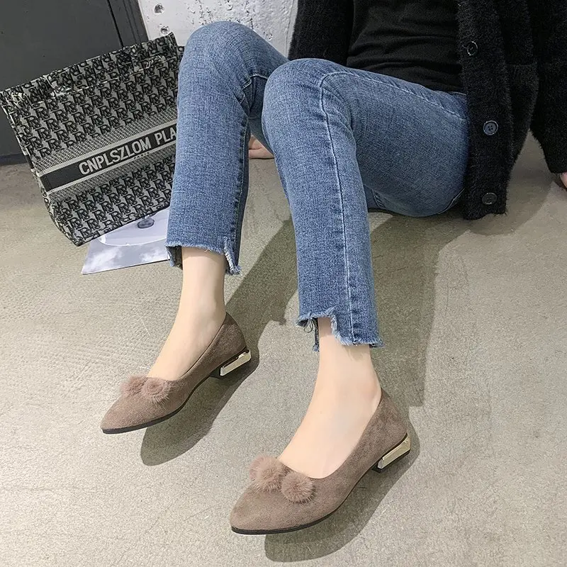 Women's Mary Jane Shoes Fur Ball Shoes Ladies Faux Suede Flats Women 2026 Pointed Toe Ballerina Femme Dress Office Loafers Comfy view 2
