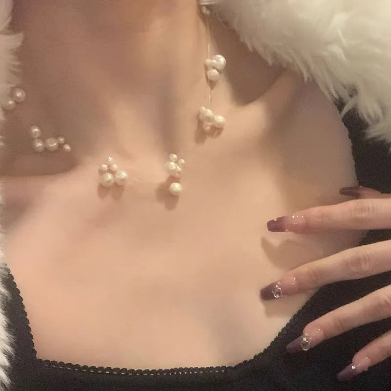 

Freshwater Real Pearl Necklace Multi-layer Handmade Fishing Line Clavicle Braided Chain Bracelet Set Versatile Jewelry Earrings