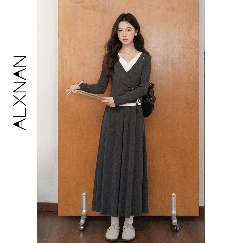 ALXNAN Casual Röcke Hohe Taille Vielseitig Gestrickte Stretch Mid-länge Rock Neue Herbst Entspannt Weiche frauen Kleidung L569115-1