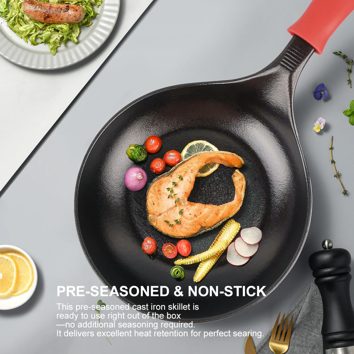 

Предварительно обработанная чугунная сковорода, антипригарная чугунная сковорода-лопатка для стейков, мяса, яиц, подходит для всех типов плит, кухонная утварь