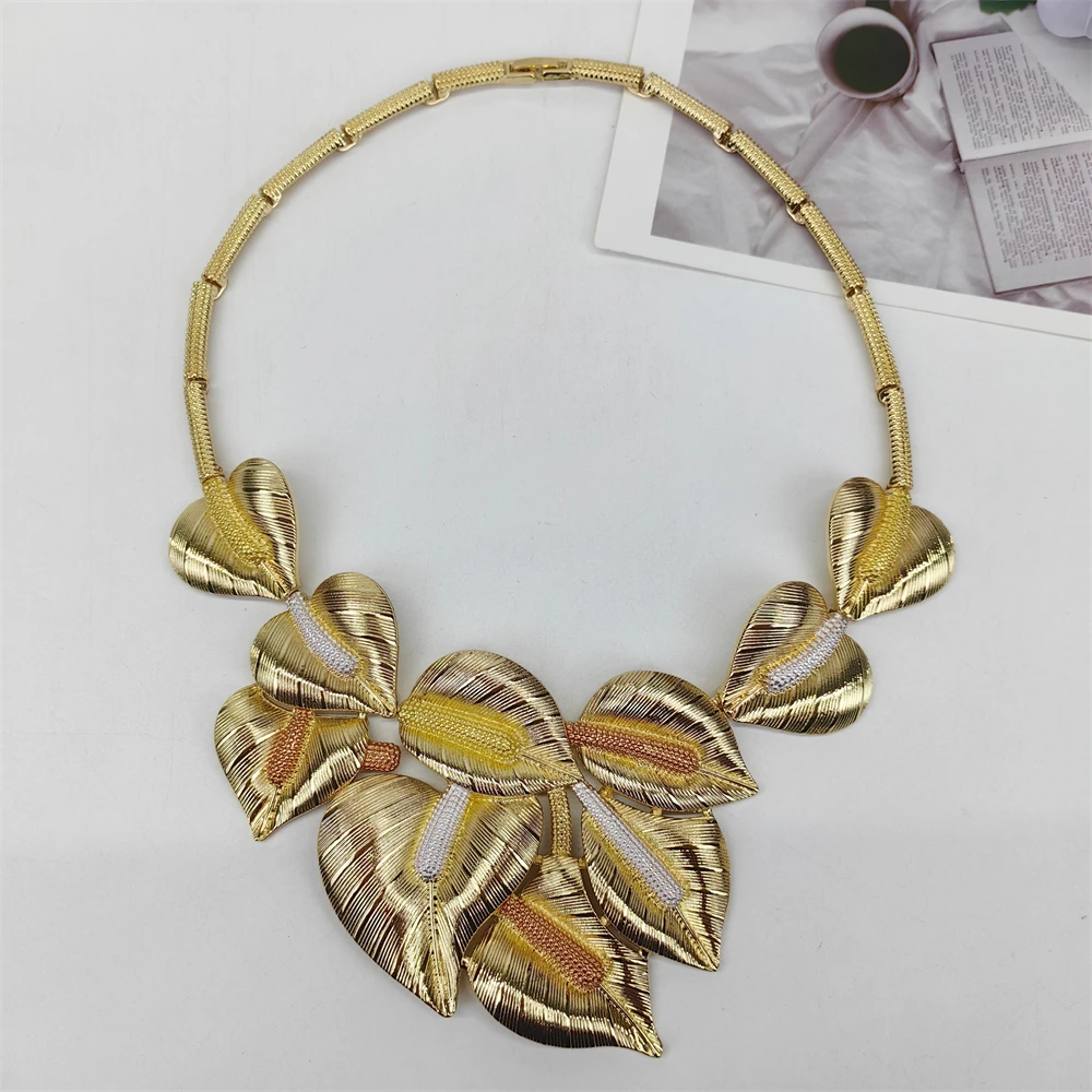 Dubai 18k Gold Plated Women Jewelry Set Classic Design Plant Leaves Necklace Earrings Bracelet And Ring 4PCS Set Jewelry
