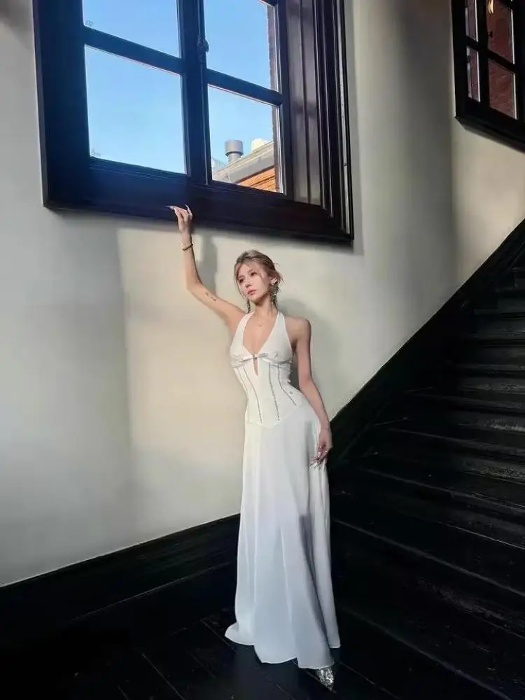 

French New Women White Elegant Sexy Sleeveless Off Shoulder Halter Lace-up Long Dress Summer Blue High Waist Pleated Party Dress