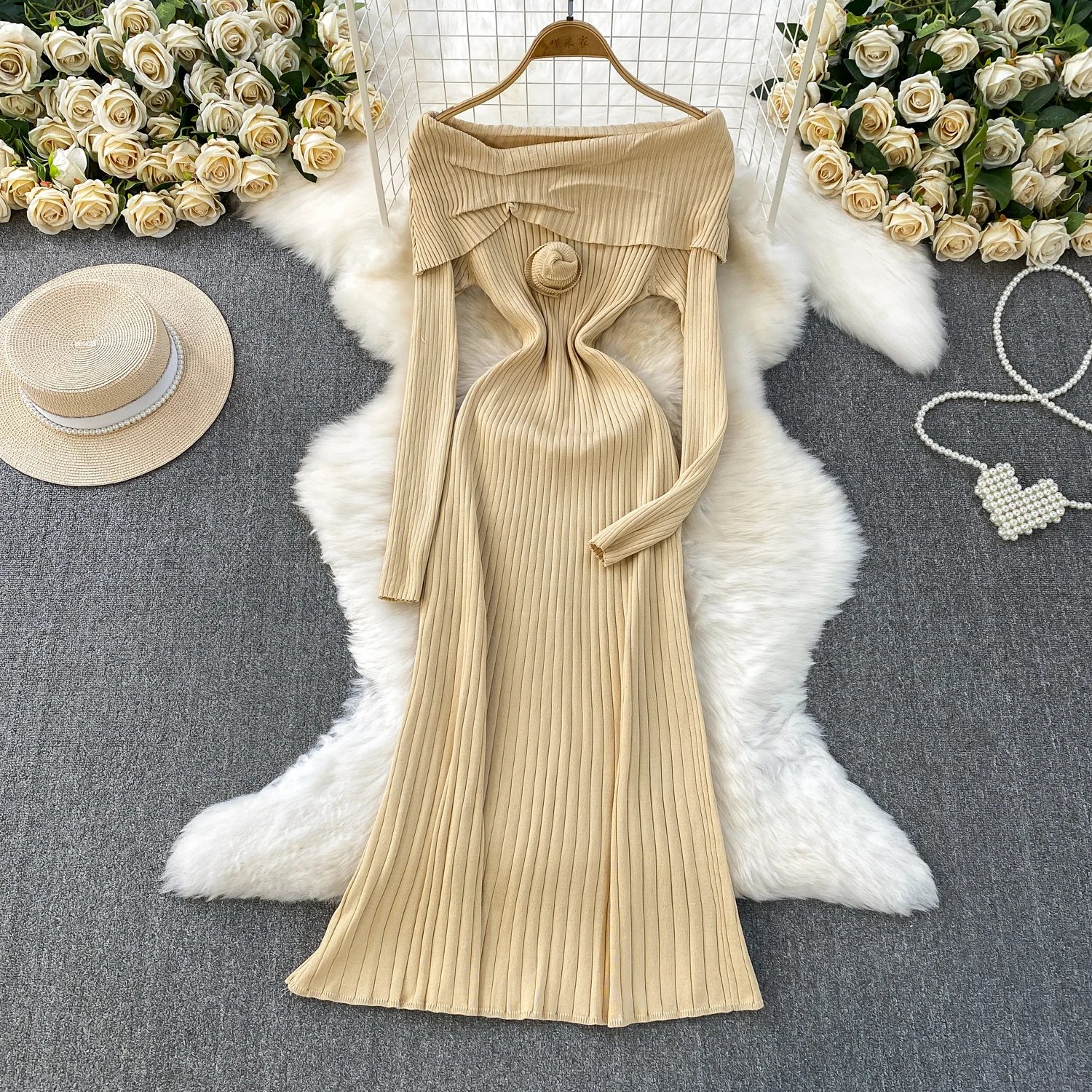 

Retro Elegant pleated floral long sleeve slash neck dress Casual High Waist Dress Women Autumn Dress