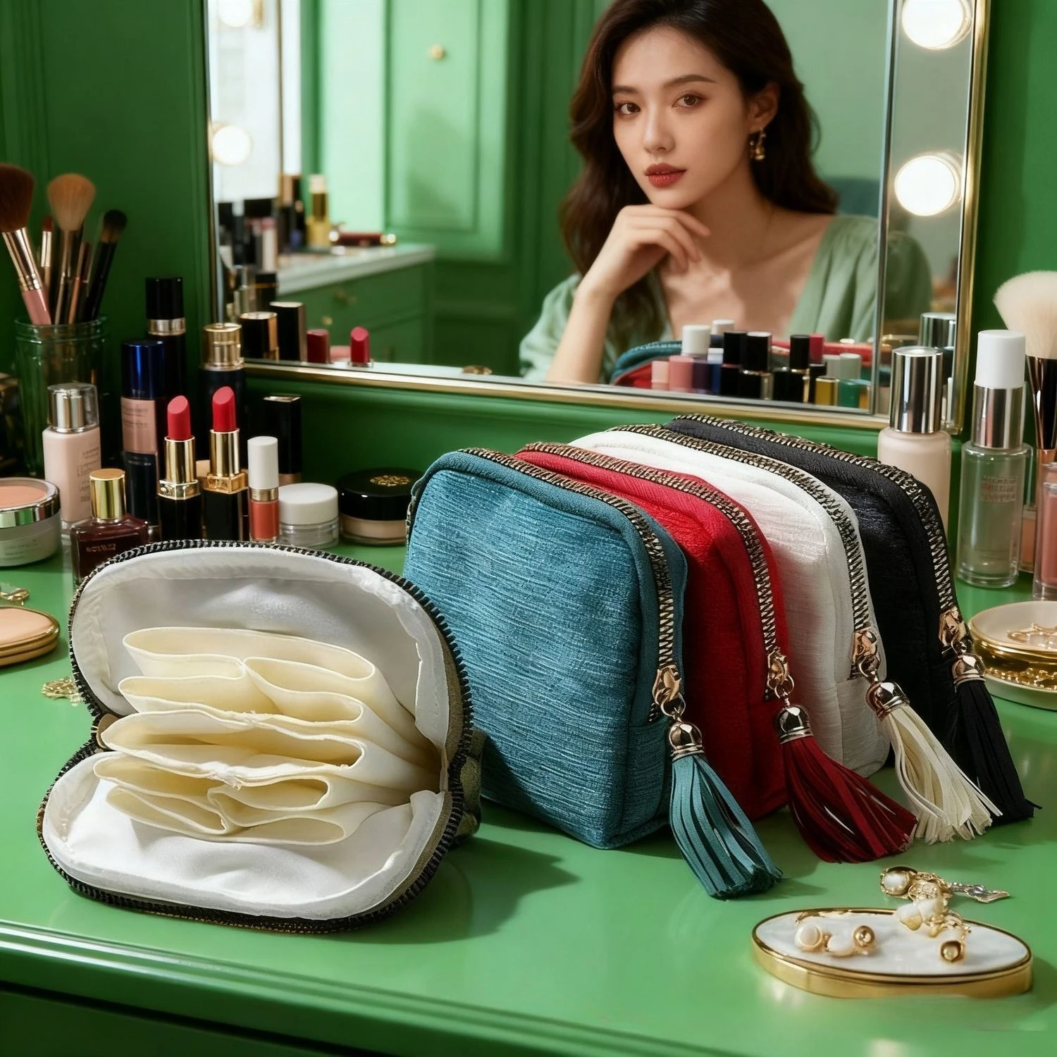 

New jewelry storage bag exquisite high-end jewelry fringed jewelry bag portable zipper multi-layer retro storage bag