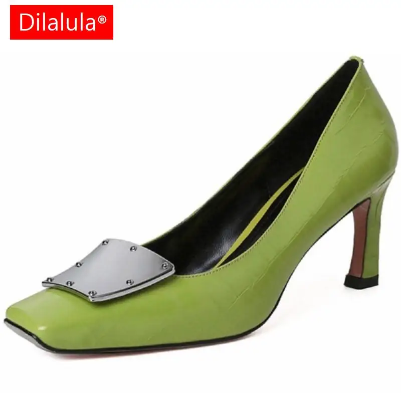 Dilalula Square Toe Shoes Woman Heels 2024 Spring Genuine Leather High Heels Metal Decoration Pumps Wedding Party Ladies