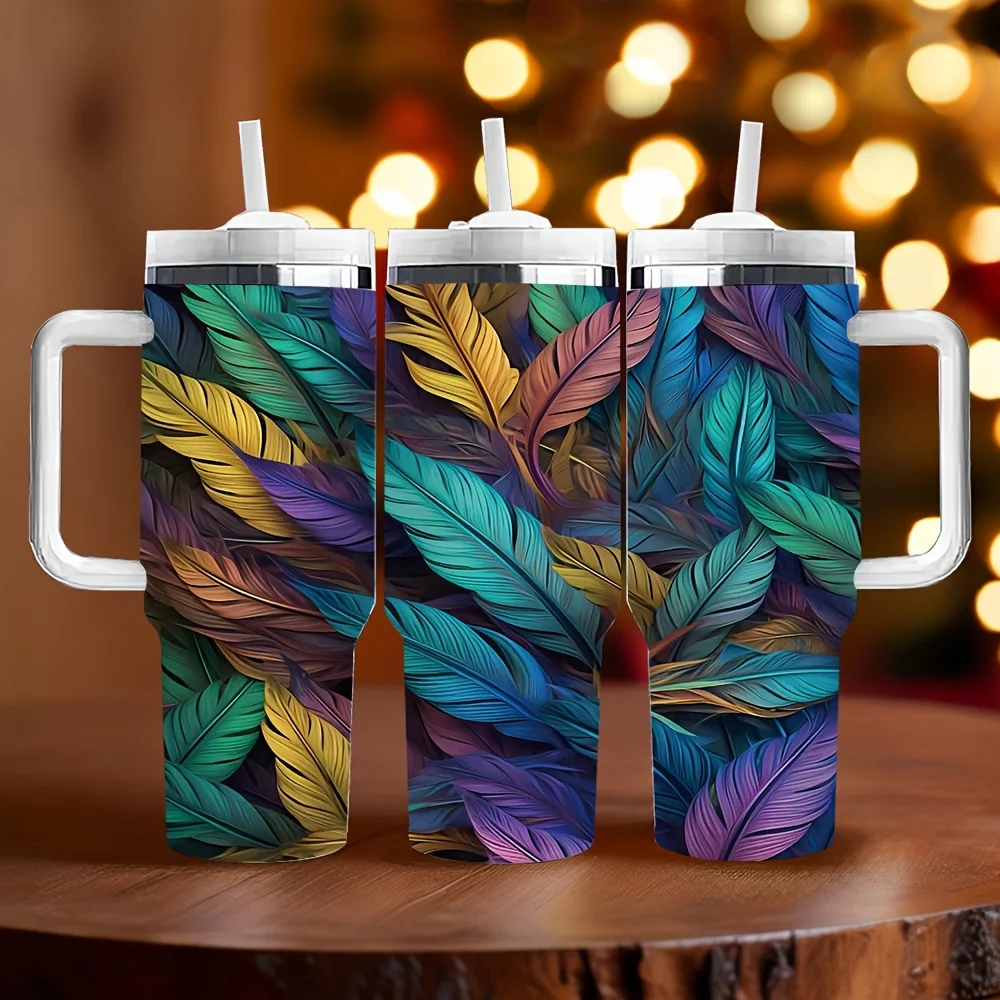 Vibrant Mixed Color Feather Pattern Printed Insulated Travel Tumbler with Handle And Straw Great for Outdoor And Indoor Daily Use