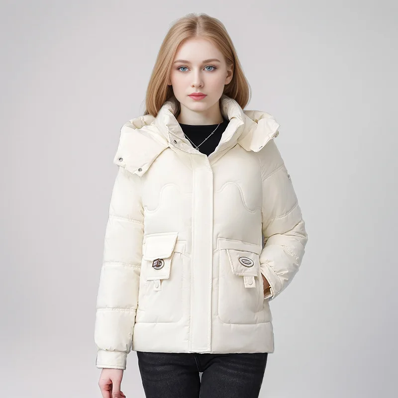 Winter Lady's Padded Coat Solid Double Button Hooded Printed Zipper Quilted Jacket For Women Cropped Versatile Female's Coat