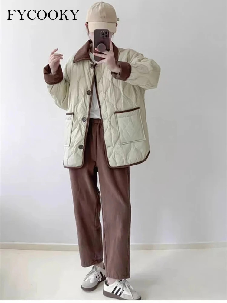 2025 Winter Short Parkas Cotton Jacket for Women Color Contrast Collar Coat Woman Outwear parka mujer