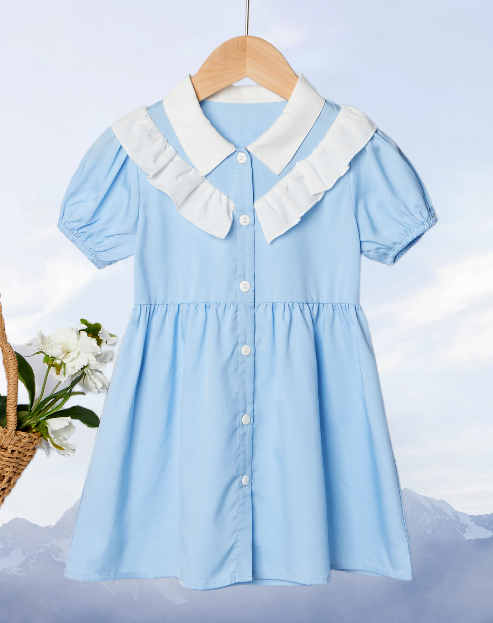 Children\'s Fresh Blue Dress - Cute Peter Pan Collar and Button Design