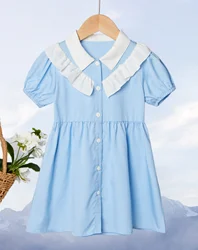 Children's Fresh Blue Dress - Cute Peter Pan Collar and Button Design