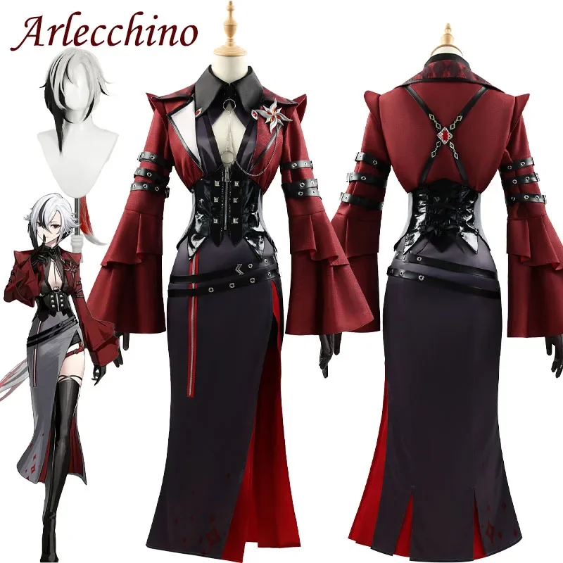 Genshin Impact Arlecchino Cosplay Costume pour femme, robe de nuit rouge, tenues de perruque, fête de carnaval de Noël, uniforme de jeu en plis