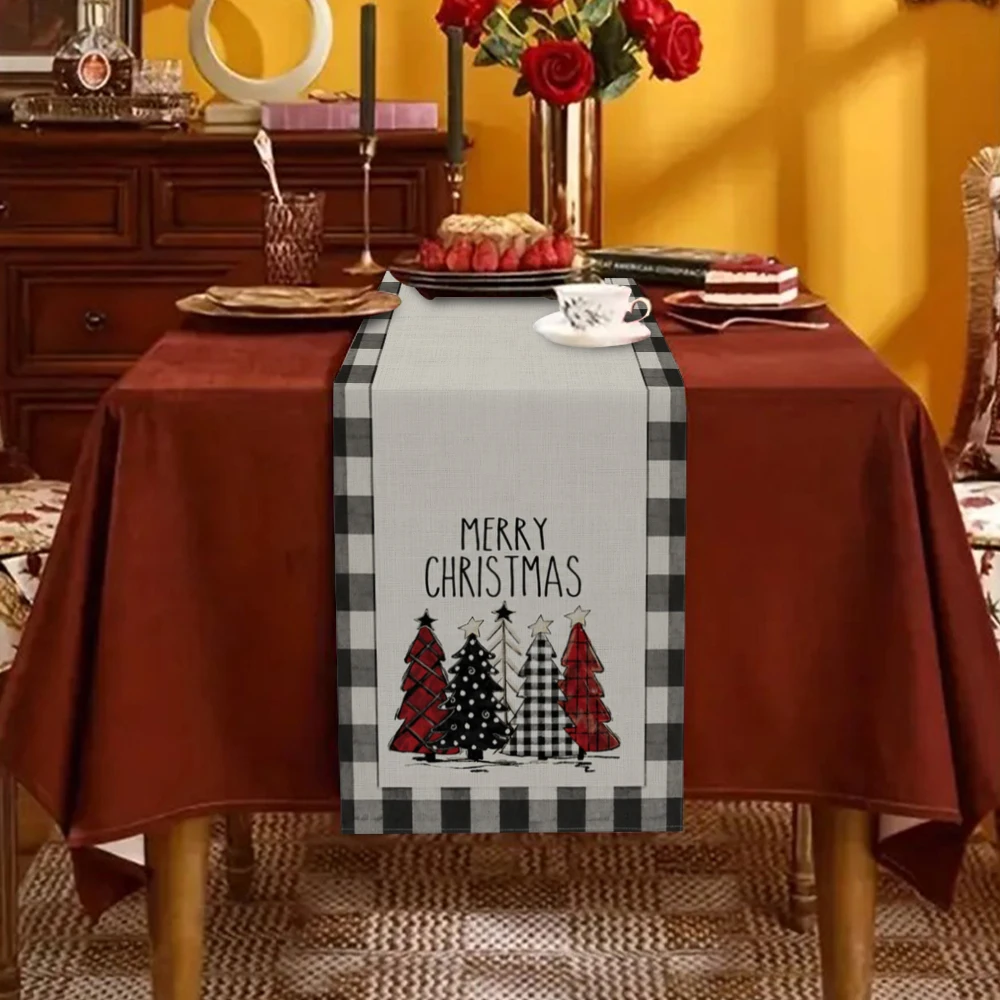 Merry Christmas Tree Pattern Table Runner Black White Check Plaid Edge Farmhouse Xmas Holiday Dining Table Runner Home Christmas