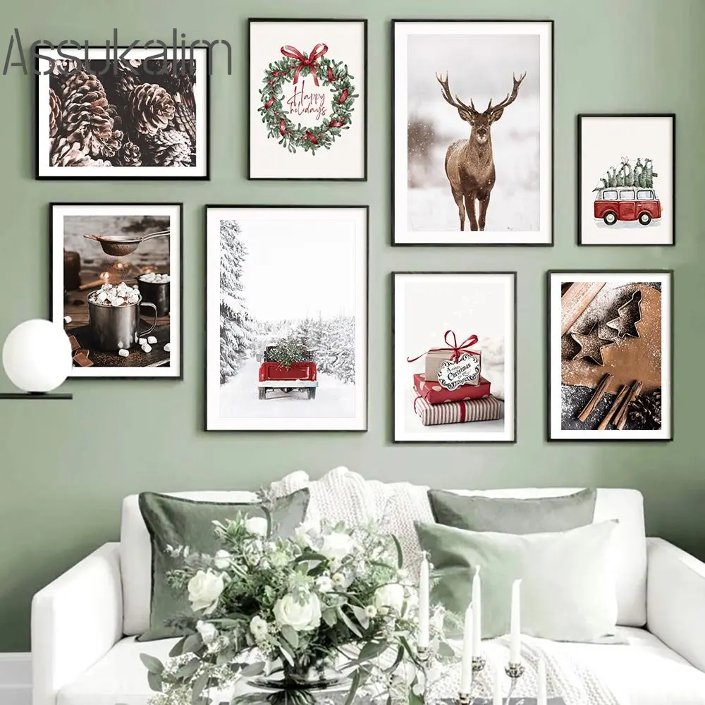 Merry Christmas Wall Poster Elk Gift Print Pictures Pinecone Canvas Painting Snow Art Prints Nordic Posters Living Room Decor