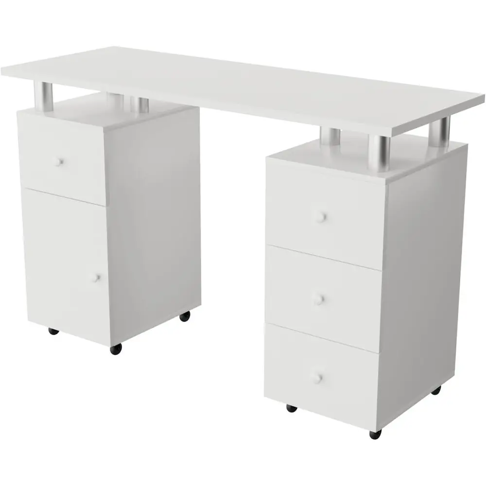 47 Nail Desk with Drawers, Wrist Support, Locking Wheels, Acrylic Resistant for Nail Art and Beauty Services, White
