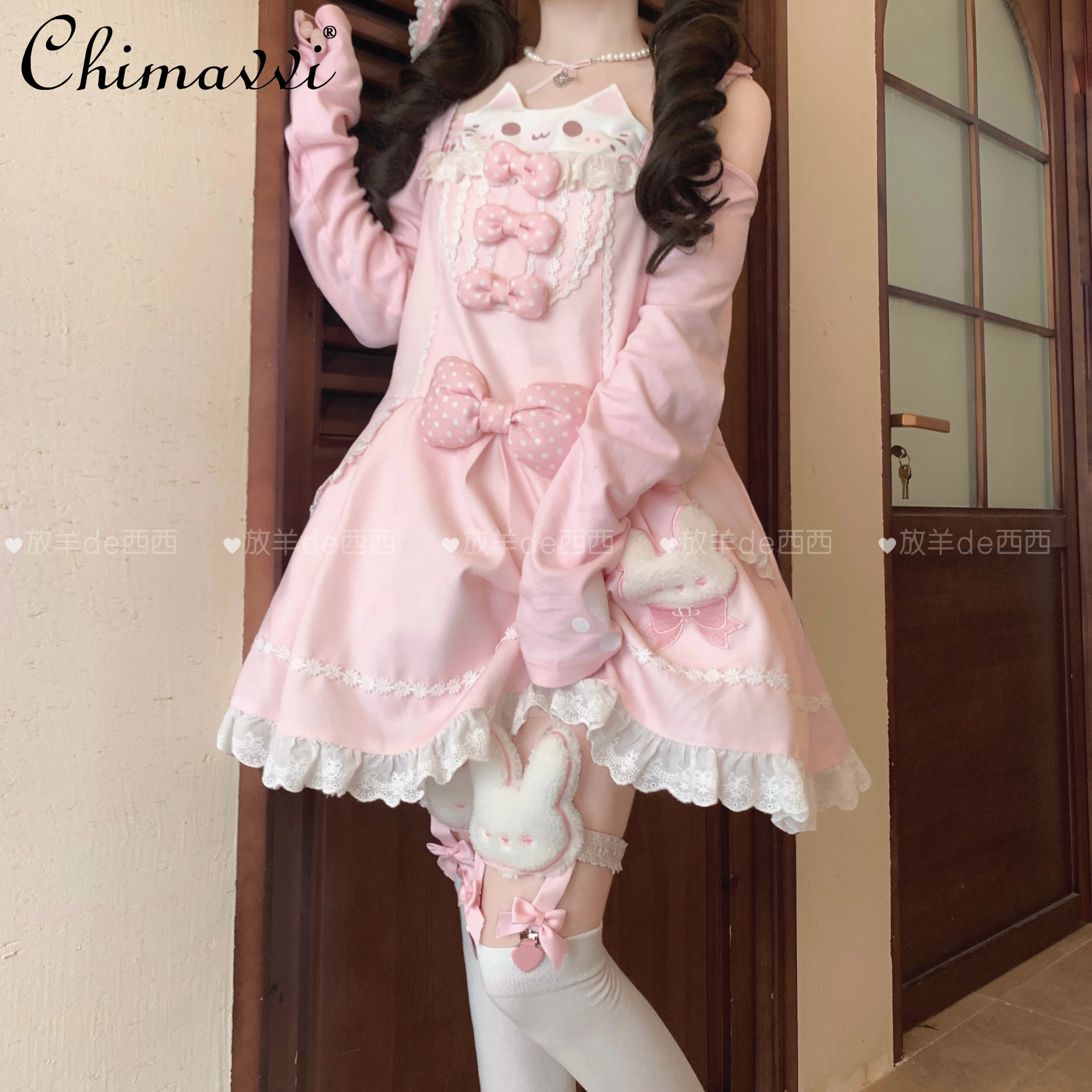

Original Pink Loose Sweet Soft Girl A-line Strap Dress 2025 New Cute Bowknot Girl Student Temperament Short Dress for Women