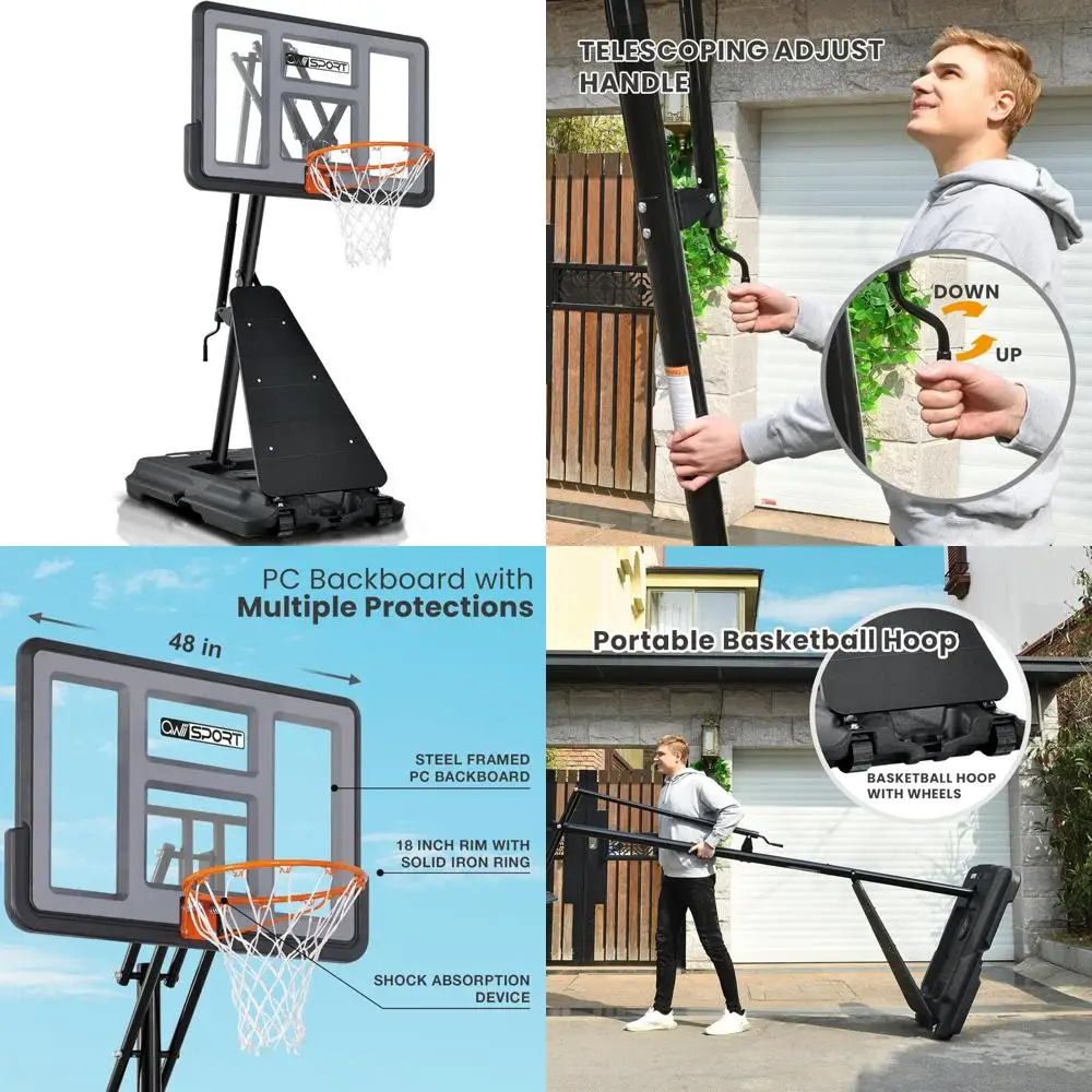 

Adjustable Height Basketball Hoop Outdoor 44-48 Inch Impact Backboard with Portable Wheels, 5.3 to 10 Feet Goal System
