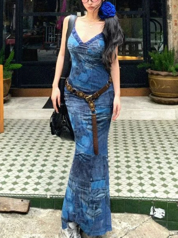 

Vintage Sweet Printing Design Midi Dress Women Summer Korean Y2k Strap Dress Female Retro Slimming One Piece Retro Dress 2024