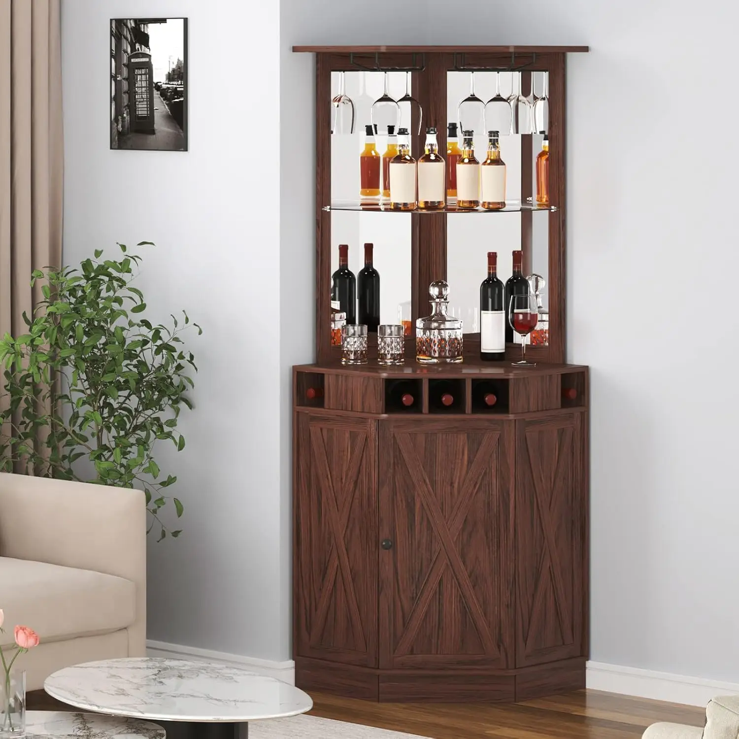 Vetor Corner Industrial Bar Cabinet, Wine Table per liquori e bicchieri, credenza Buffet Cabinet con supporto in vetro, Freestanding F