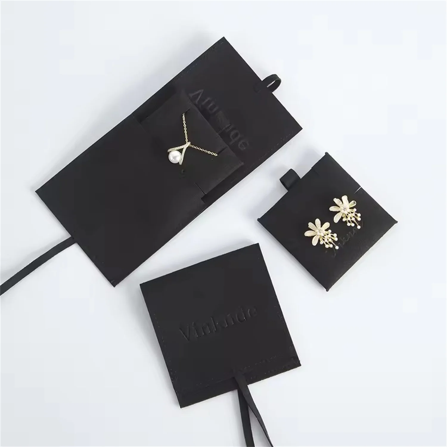 

Black Microfiber Suede Pouches With Card Custom Logo Jewelry Packaging Storage Gift Bags Personalized Small Earrings Dust Sack