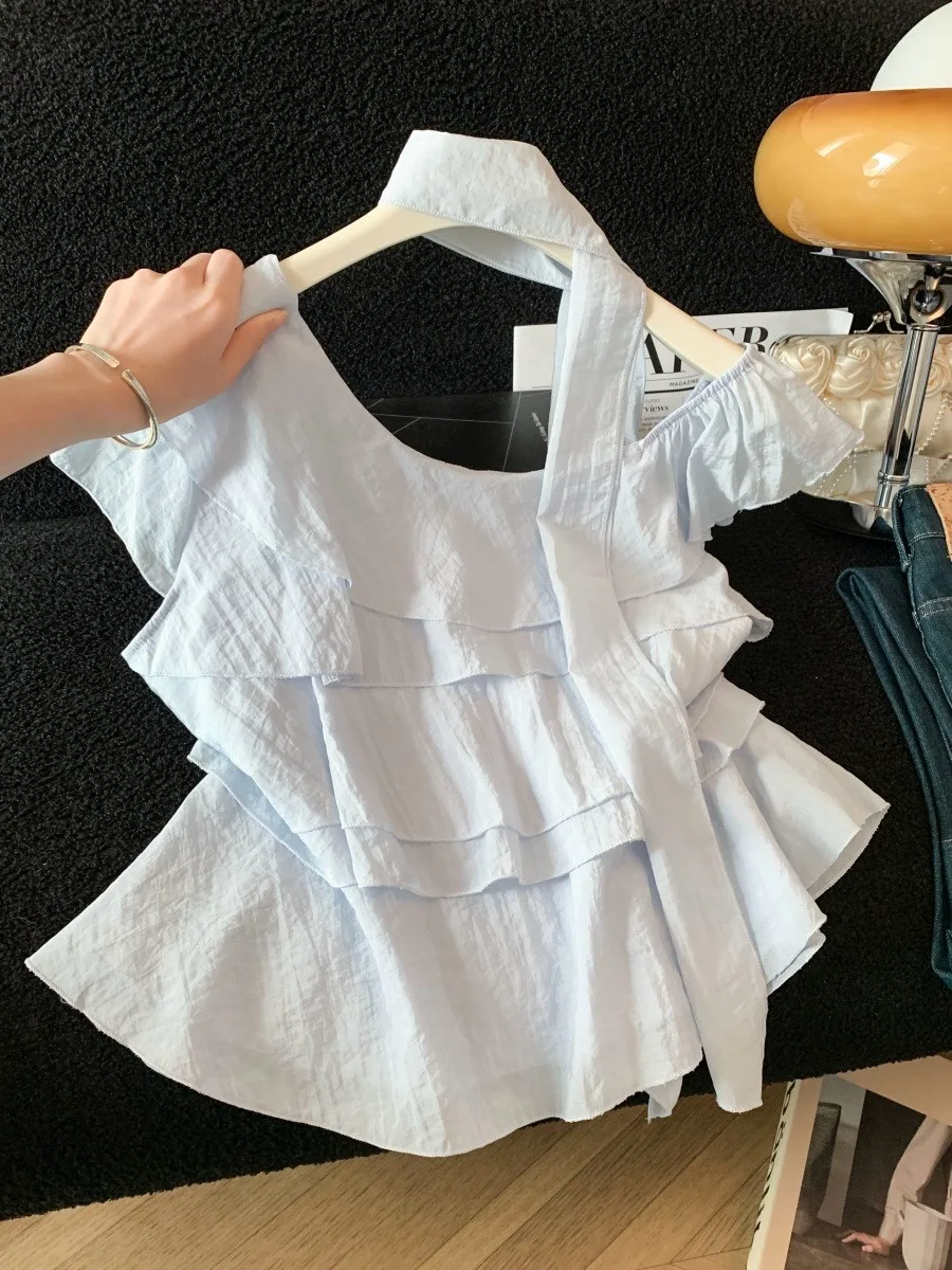 

Elegant Layered Shoulder Bell Sleeve Shirt Women's Summer Fashion Age-Defying Sash Design Top Luxury Style Loose Fit Short Sl...