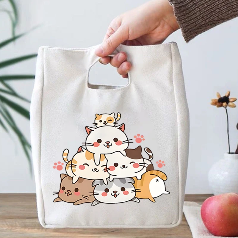 Kawaii Cartoon Cat Print Girls Insulation Bags Cartoon Cat Gift Portable Lunch Bag Kids Cute Animal Lovers Essential Lunch Bags