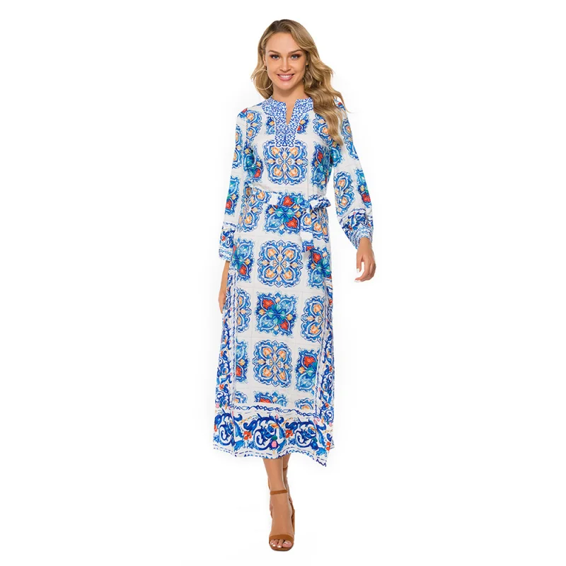 -Border Bohemian Beach European American Women's Clothing Blue and White Porcelain Evening Dress Print Dre