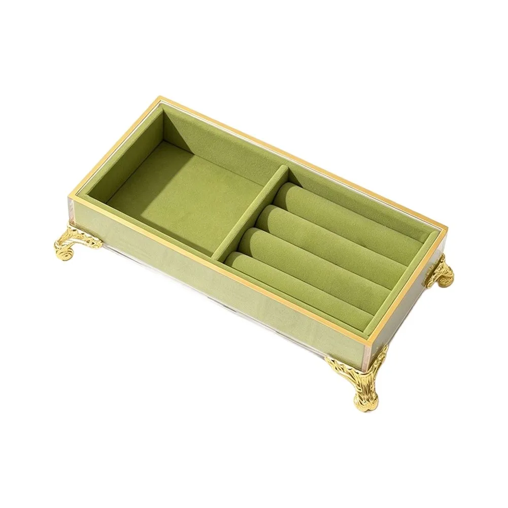 Jewelry Tray with Gold Tone Metal Frame and Velvet Lining for Ring Storage and Earring Organization on Dresser or Nightstand