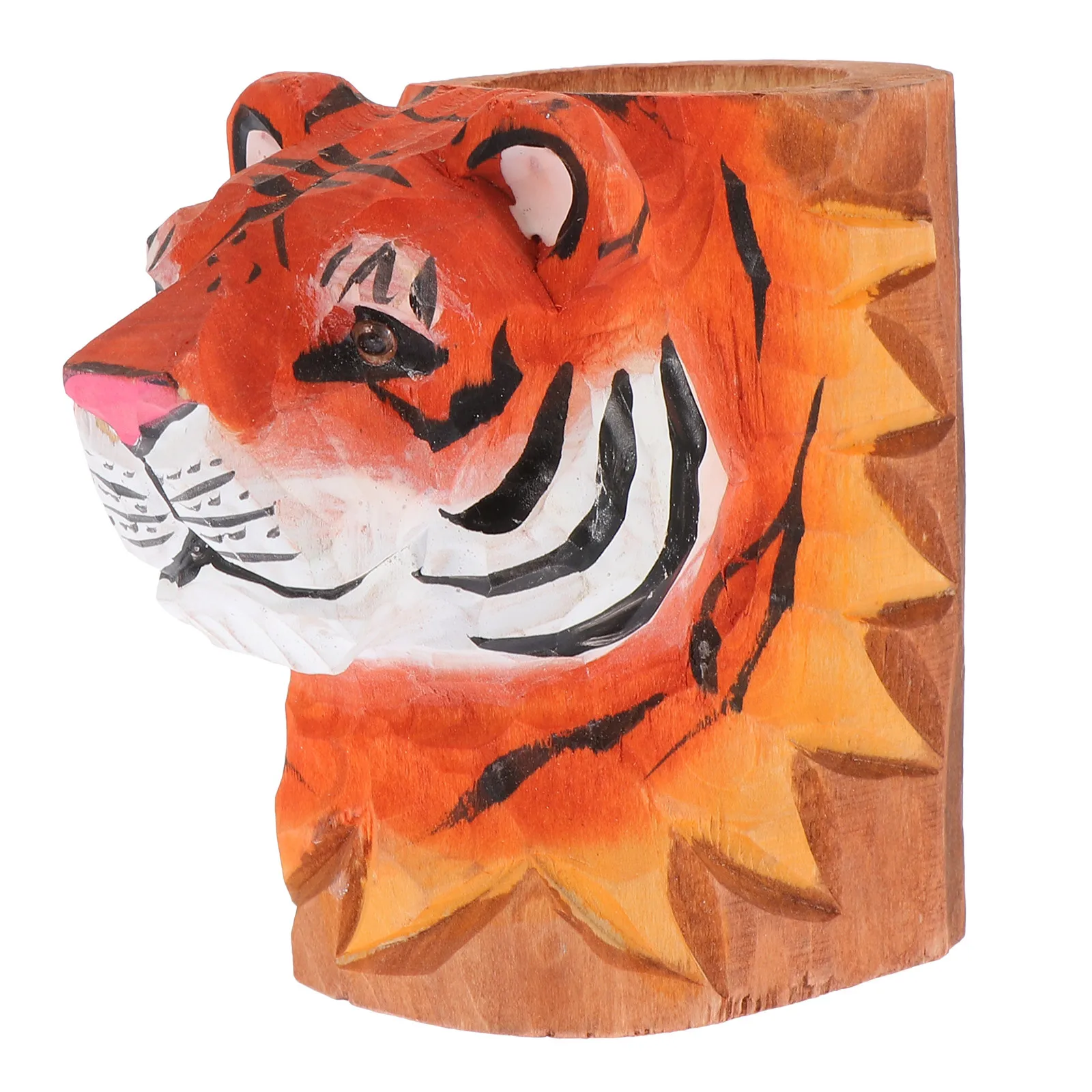 

Tiger Design Wooden Pen Holder Large Capacity Desktop Storage Bucket For Pencils Makeup Brushes Stationery Organizer