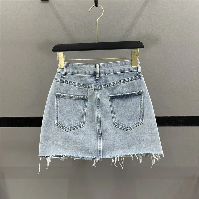 Summer Woman Stylish Ripped Blue Jean Skirts 2023 New Streetwear Women's High Waisted Slimming A- Line Frayed Denim Hip Skirt