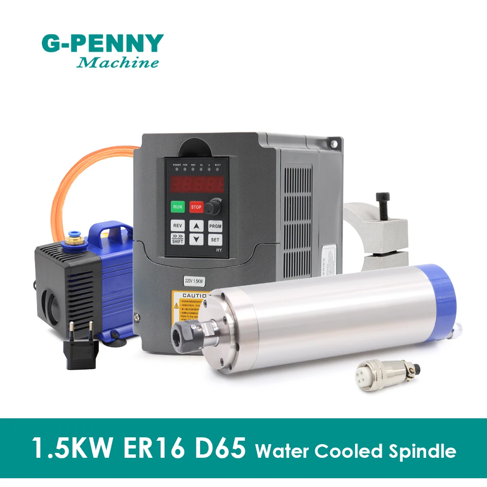 

G-PENNY 1.5kw ER16 Water Cooled Spindle Motor Kit 4 pcs Bearings 0.01mm Accuracny & Frequency Drive 75W Pump 65mm Bracket