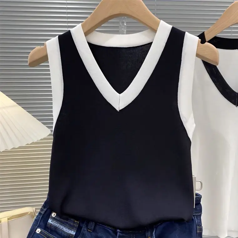 V-neck Knitted Tank Top For Women's 2023 Summer New Color Matching Thin T-shirt Top