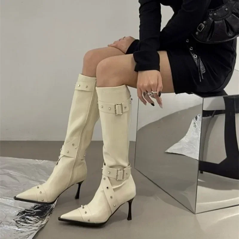 2024 New Style Thin High Heel Women Boots Pointed Toe Women's High Tube Thinner-looked High Heel Long Boots Zip Boots Mujer