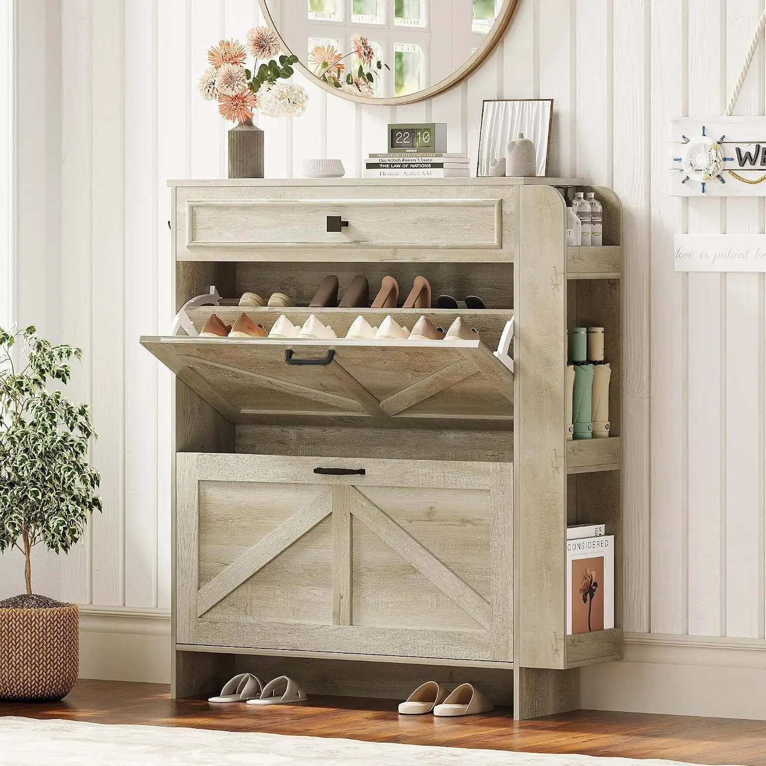 Shoe Cabinet 2 Flip Drawers Barn Door, Freestanding Organizer Shelves Entryway, Farmhouse Style Maple, Customized