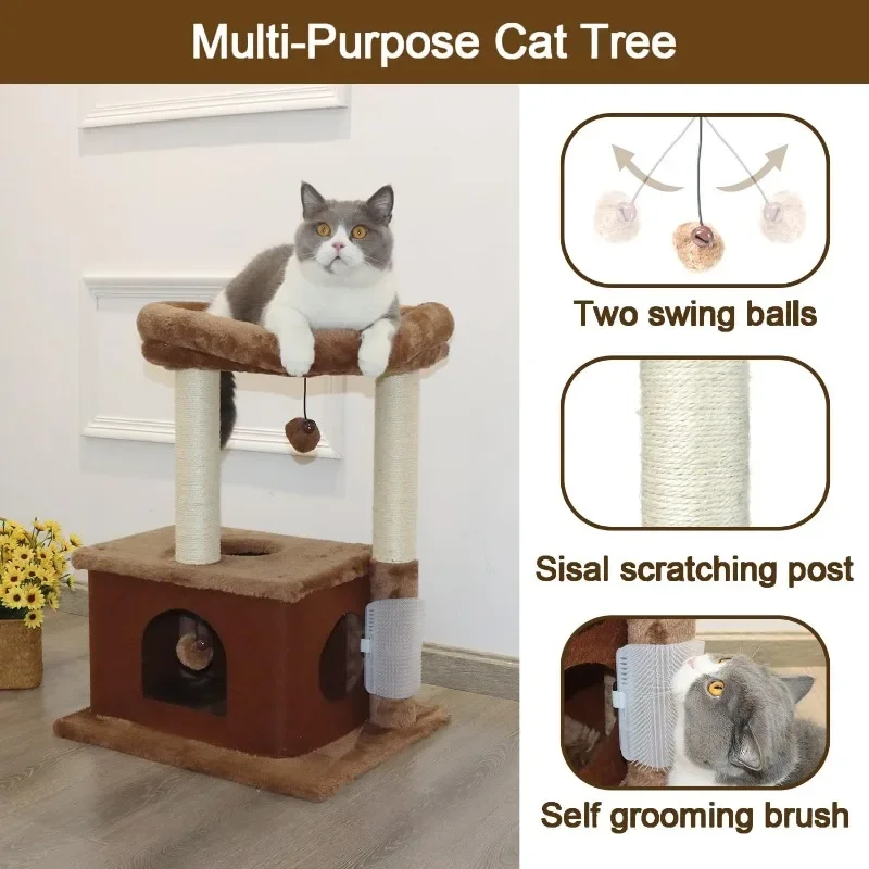 Grab Post with Apartment Cat Tower Bed and Hanging Ball Toys, Massage Brush 5 in 1 Multi-purpose Indoor Kittens and Cats