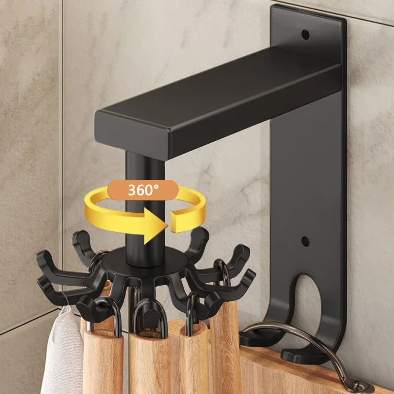 Kitchen Rotary Hook Wall Mounted Rack For Tool Aluminum Storage Hanger 6 8 10 Pegs No-hole Punching