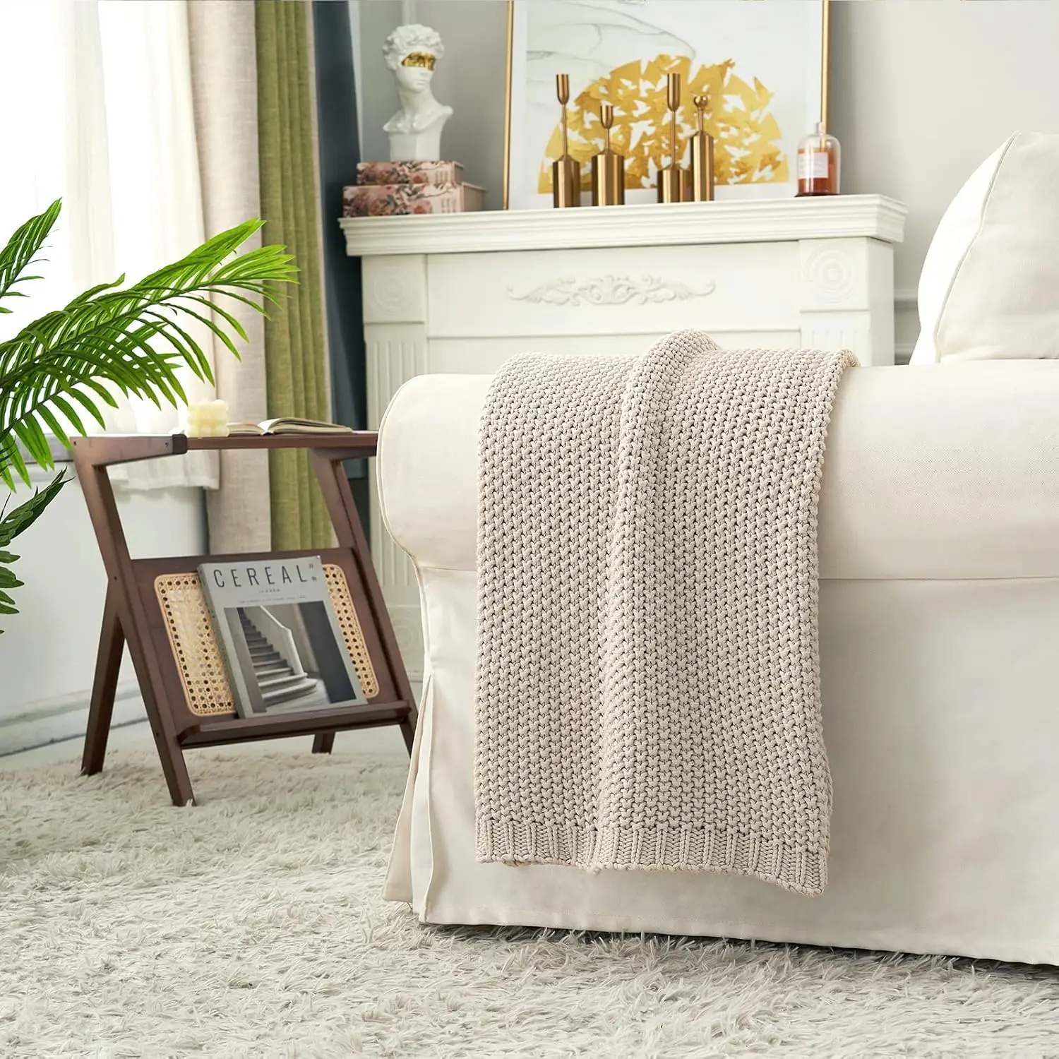 Longhui bedding Chunky Cable Knit Throw Blanket Lightweight Beige 100% Organic Cotton Blanket for Sofa Couch Bed Baby Nursery, Rustic Shabby Chic Modern Farmhouse, 60” x 80”