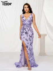 Yesexy 2024 New Purple V Neck Ladies Party Dress Sequin Split Evening Gown Wedding Birthday Party Ground Length Dress