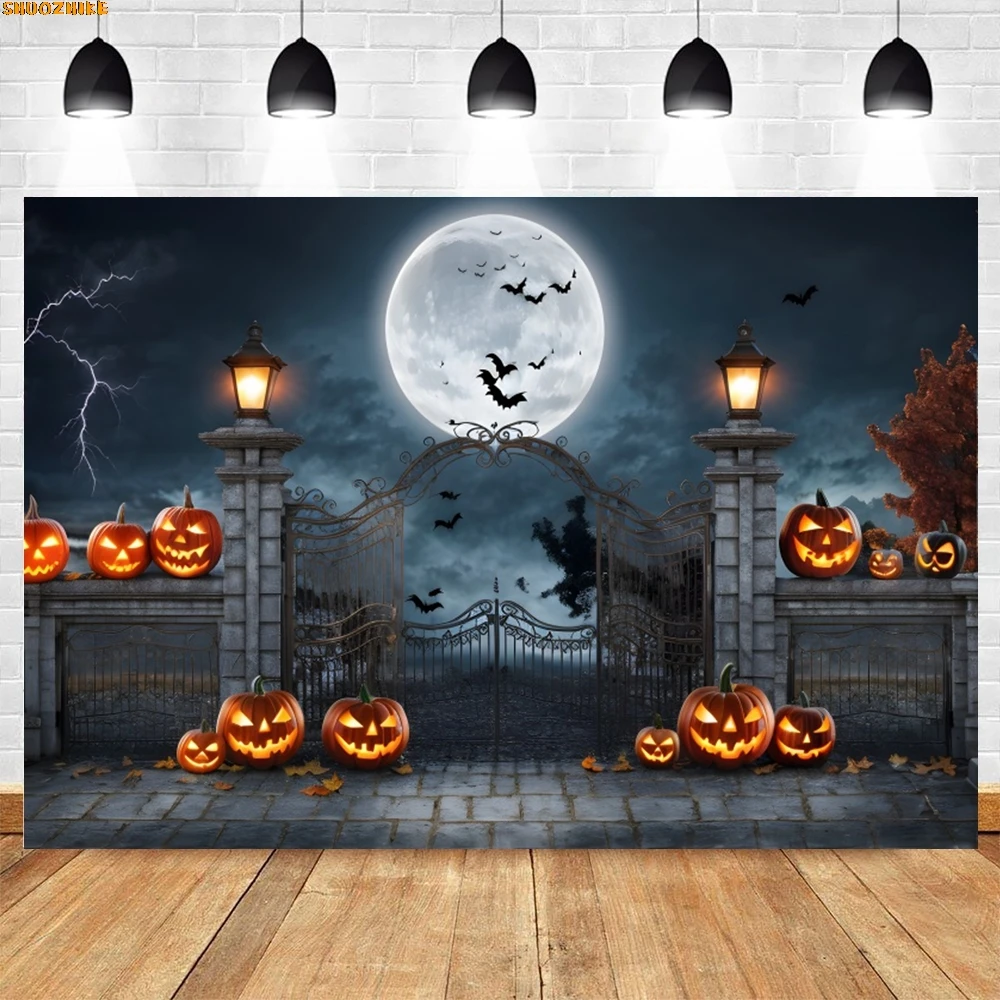 

Halloween Graveyard Castle Photography Backdrop Spooky Night Moon Cemetery Skull Pumpkin 2025 Halloween Party Photo Background