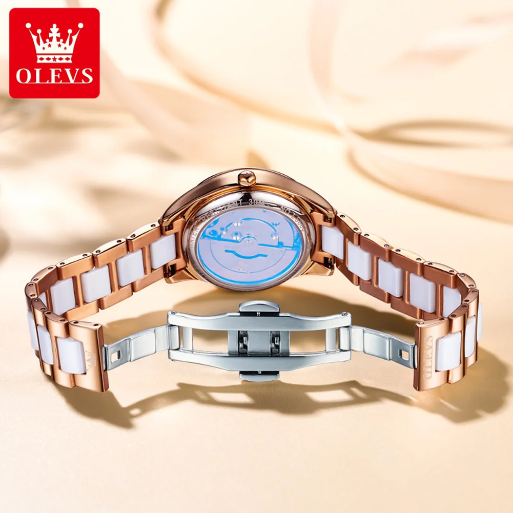 OLEVS Brand Luxury Ceramic Mechanical Watch for Women Waterproof Luminous Fashion Rose Gold Automatic Watches Women Montre Femme