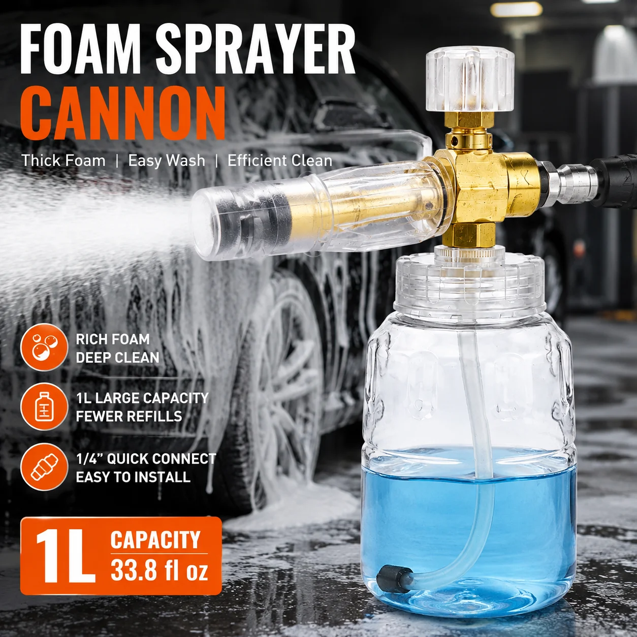 1L Car Wash Foam Cannon Snow Foam Gun Adjustable Thick Foam Sprayer 1/4 Inch Quick Connector for Pressure Washer Detailing