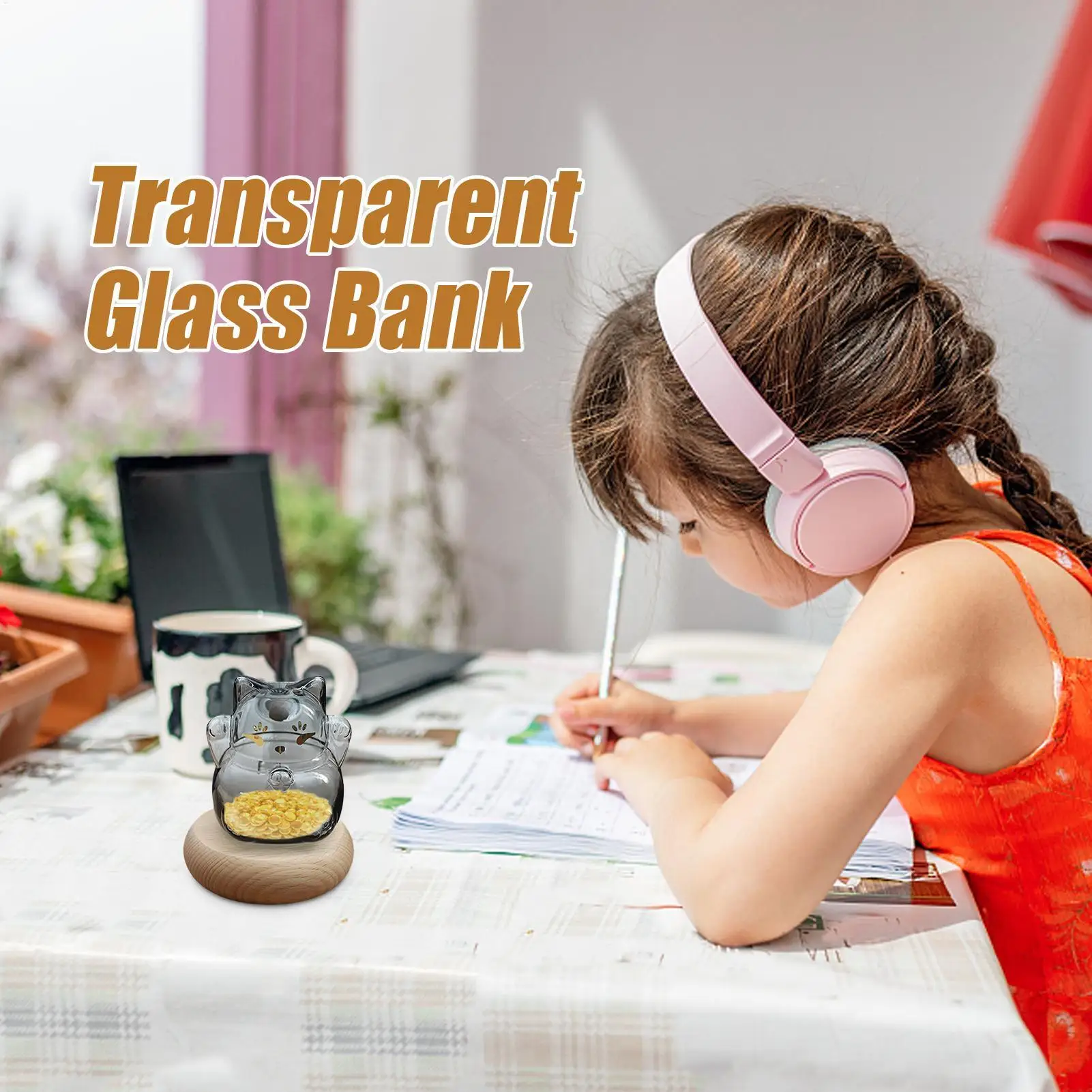 Glasdose, Münzbank, dekorative Spardose, klarer goldener Bohnenbehälter, Katzenform, Spardose für Bücherregal, Ausstellungsstand, Wunschstern