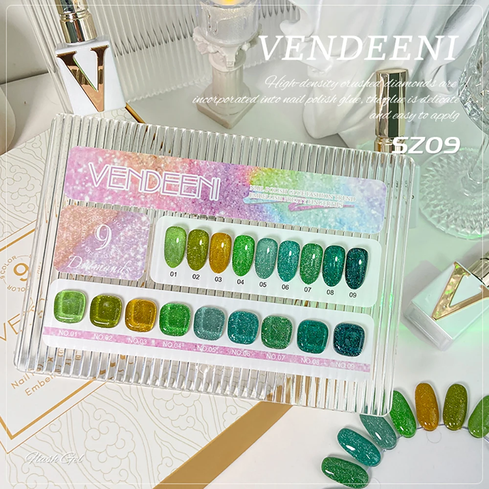 Vendeeni 9 Farben/Set Grüner Glitzer-Broken-Diamond-Gel-Nagellack TPO FREI Semi-Permanenter Glitzer-UV-LED-Gel-Lack mit Display – Detail 10